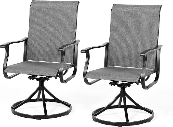 Crownland Outdoor Swivel Dining Chair Set of 2, All Weather 360° Swivel Rocking High Back Model Patio Dining Chairs, Textilene Fabric Wrought Iron Chair Set for Backyard, Lawn, Garden(Grey)