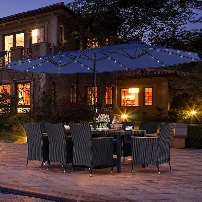 Tangkula 11 Pieces Patio Dining Set with Double-Sided Led Patio Umbrella (Base Included), with 8 Stackable Chairs, Acacia Wood Dining Table and Large Umbrella with Solar Lights (Navy+ Navy)