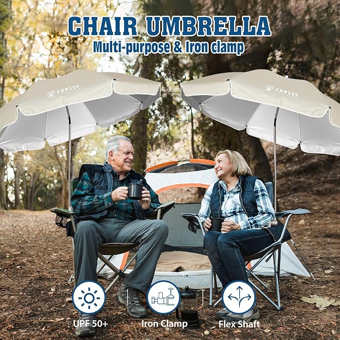 AMMSUN Chair Umbrella with Universal Clamp Adjustable 47 inches and 360° Swivel & UPF 50+ Protection Portable Sun Umbrella, Secure Clip on Camping/Beach Chairs, Stroller, Wheelchair, Golf cart, Lounger, Beige, 2 PACK