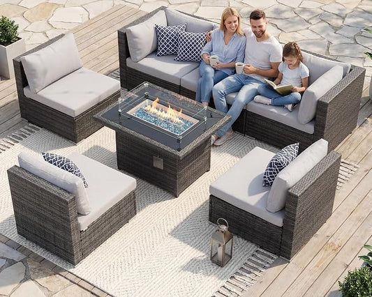 RADIATA 7 Piece Wicker Patio Furniture Set with Fire Pit, All-Weather Outdoor Sectional Couch High Back Large Size, Modular Backyard Seating Sofa Set with Propane/Natural Gas Firepit Table, Light Grey