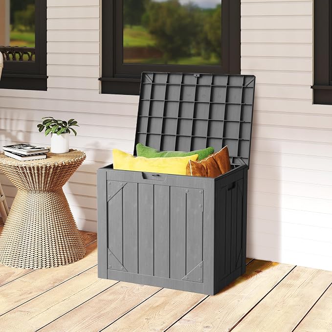 35 Gallon Small Waterproof Outdoor Storage Box, Resin Deck Box Lockable for Patio Furniture, Garden Tools, Pool Accessories, UV-Resistant for All Weather Use, Grey