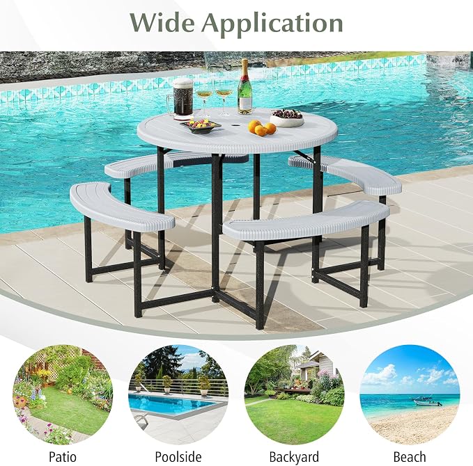 Byroce 6-8 Person Picnic Table for Outdoors, HDPE Picnic Table Set with 4 Benches, Umbrella Hole & Metal Frame, Heavy Duty Round Dining Table Chairs for BBQ Party in Patio, Yard & Poolside (White)