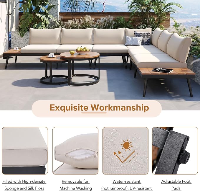 6-Piece Metal Outdoor Sectional Sofa Set with Round Nesting Coffee Tables, L-Shaped Patio Furniture Set Seating Sofa with Cushions for Patio, Porch and Garden, Beige