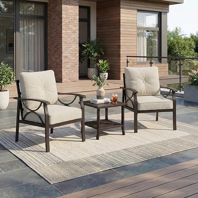 RoyalCraft Outdoor Patio Furniture Set, 3 Piece Patio Conversation Set, Metal Furniture Set for Porch Backyard,Khakiwith Gray Cushions, Brown