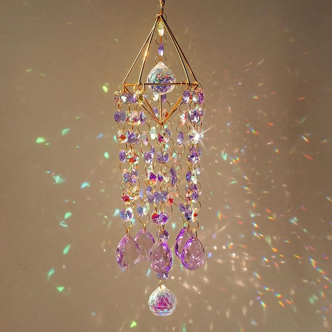 21.5'' Crystal Prisms Suncatcher for Window Hanging,Purple | Rainbow Maker,Sun Catcher Indoor Window,Glass Wind Chimes,Whimsical Decor For Home Garden,Zen Christmas Birthday Gift