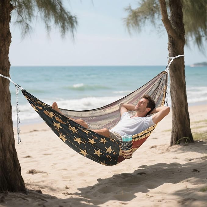 Gritty Military American Flag Outdoor Hammock with Tree Straps Cloth Hammock for Outside Patio Garden