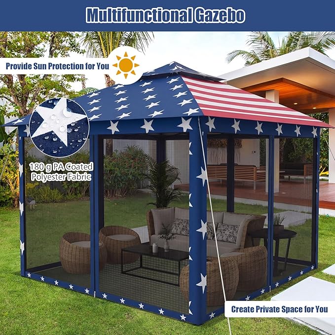 Tangkula 11x11 Ft Pop up Gazebo, 2-Tier Outdoor Patio Gazebo with Netting, Carry Bag, 121 Square Feet of Shade for Backyard, Deck, Poolside