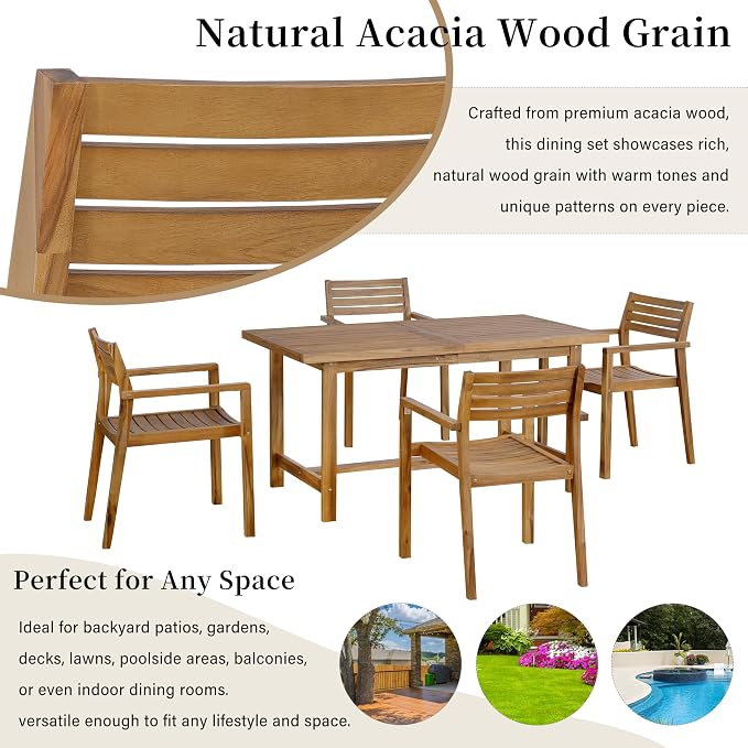 5 Pieces Outdoor Acacia Wood Dining Table Set for 4 with 59" Rectangular Table with Umbrella Hole and 4 Chairs, Modern Patio Dinner Set for Backyard, Garden, Poolside or Indoor, Natural