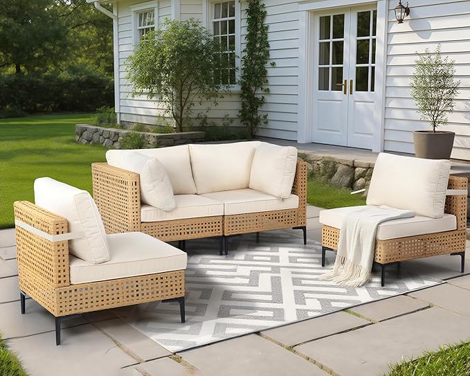 ABCASA Patio Furniture Set, 4-Piece Wicker Outdoor Patio Furniture Sets with Anti-Slip Cushions,Boho Patio Conversation Set Sectional Sofa for Backyard,Porch,Beige