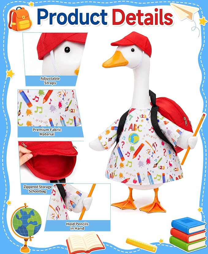 Back to School Porch Goose Outfits, First Day of School Lawn Goose Outfit Set with Dress Hat Schoolbag Pencil Goose Costume for School Classroom Outdoor Porch Garden Patio Yard Lawn Decor