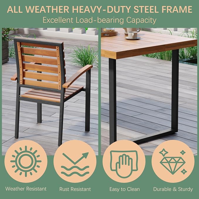 WiberWi 7 Piece Outdoor Dining Set for 6, Acacia Wood 59.1" Patio Table and Chairs Set with Metal Frame, Patio Dining Furniture Set for Garden, Balcony, Backyard, Poolside, Brown & Black