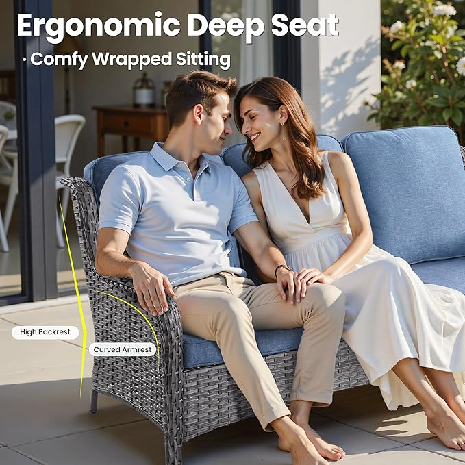 ovios 6-Pieces Patio Furniture Set with Swivel Chairs, Outdoor Wicker Sofa Couch Gliders Rocker Comfy Cushions, High Back Modern Conversation Set, Grey Rattan, Denim Blue