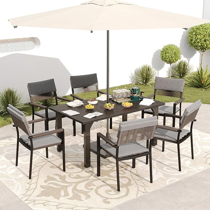 Sundale Outdoor Patio Dining Table for 6, Metal Outdoor Dining Table with 2" Umbrella Hole, 60" Rectangular Outdoor Tables for Backyard, Yawn, Garden