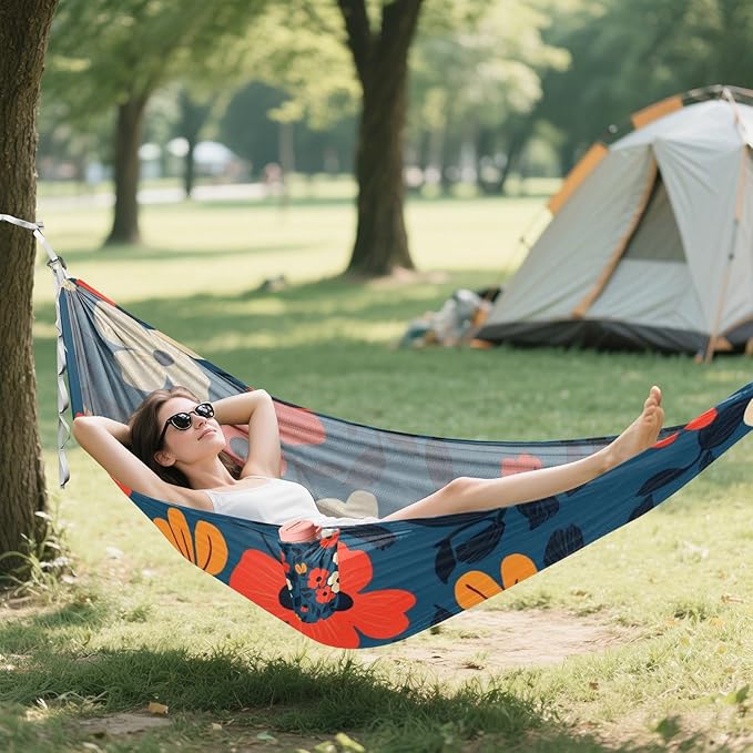 Blue Background Orange Flowers 330lb Capacity Hammocks for Camping with Hanging Rope Portable Hammock for Indoor Outdoor Patio soporte para hamacas para adultos