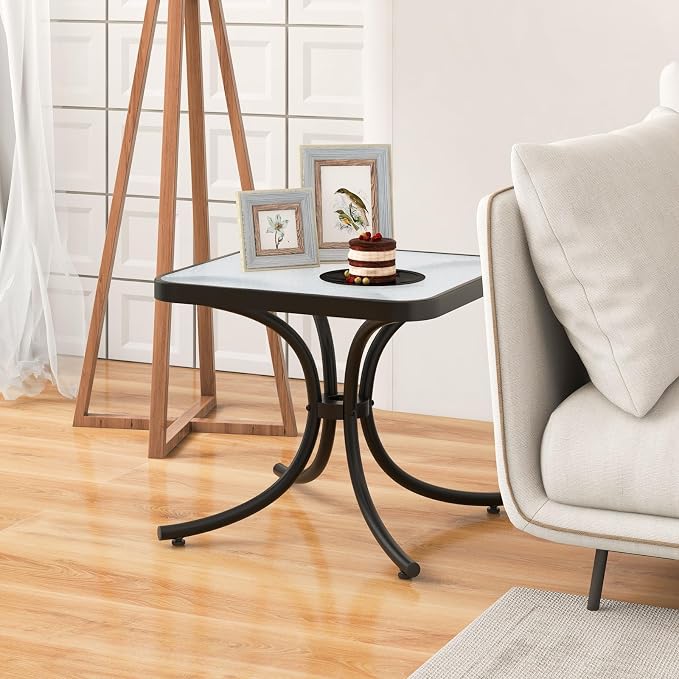 HAPPYGRILL Outdoor Side Table Set of 2, Square Patio End Table with Tempered Glass Top, 20" Bistro Table with Metal Frame, Small Compact Coffee Table for Garden Backyard Poolside