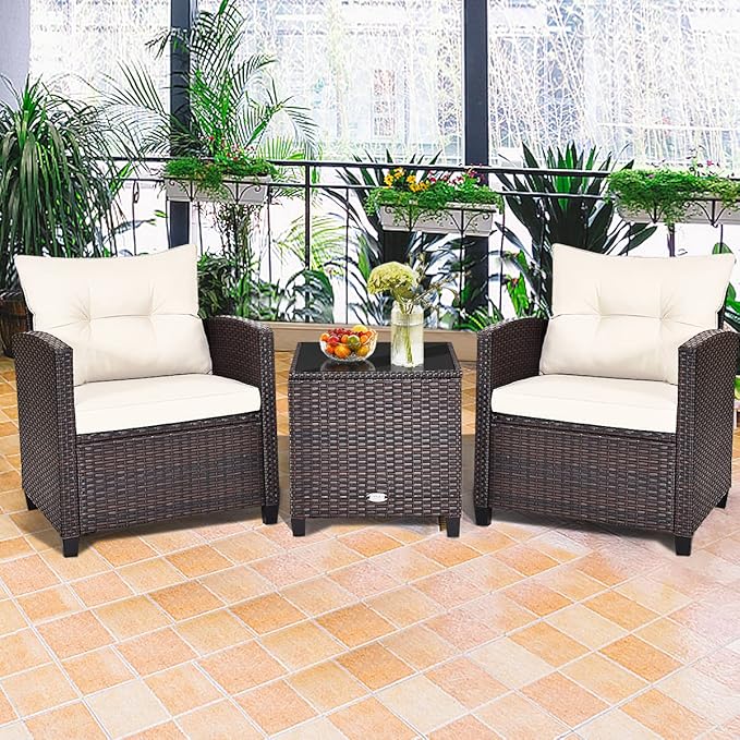 COSTWAY 3PCS Patio Furniture Set, PE Rattan Wicker Sofa w/Washable Cushion and Coffee Table, Tempered Glass Tabletop, Outdoor Conversation Set for Balcony, Porch, Yard, Backyard, Lawn, White