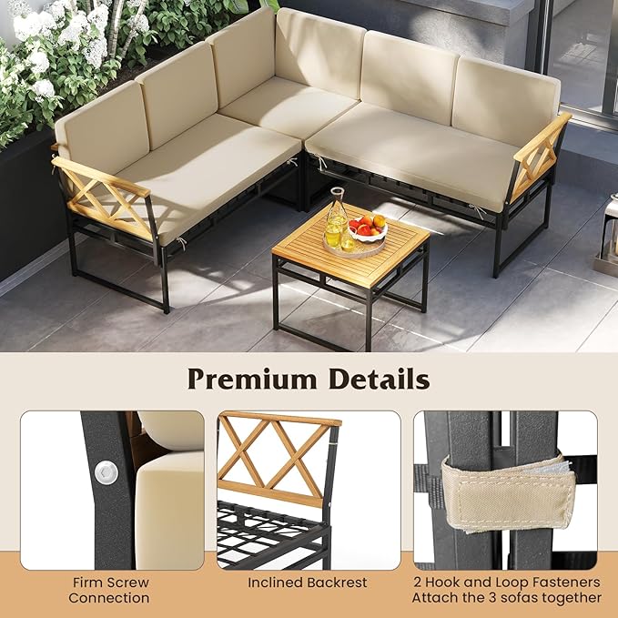 Tangkula L Shaped Outdoor Sectional Sofa Set, 4 Pieces Acacia Wood Patio Cushioned Conversation Set with Bungee Rope Seat,for Porch, Yard, Poolside (Off White)