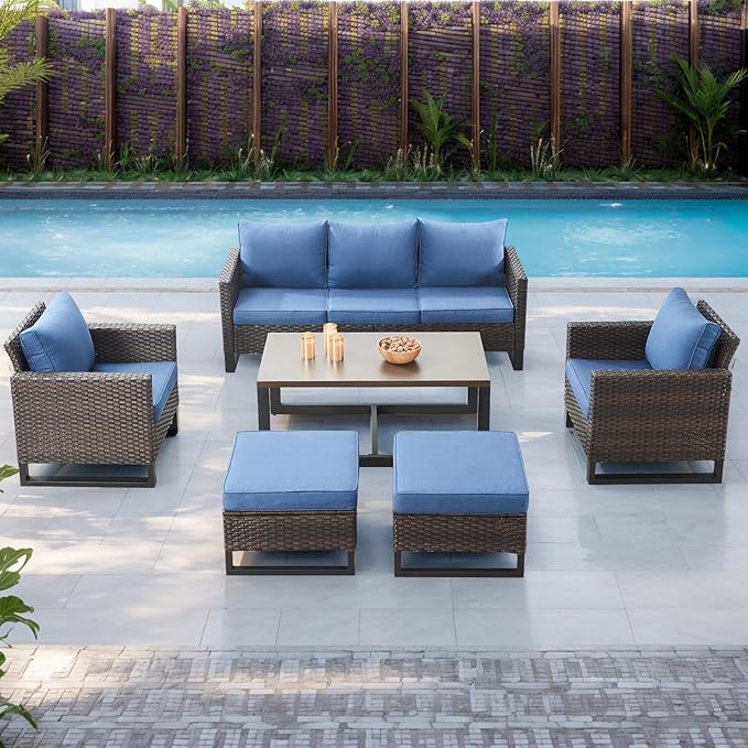 Rilyson Wicker Outdoor Patio Furniture Set - 6 Piece Patio Conversation Set with 2 Armrest Chairs,2 Rattan Ottoman,1 Couch and 1 Metal Side Table for Outside Porch Deck Backyard(Brown/Blue)