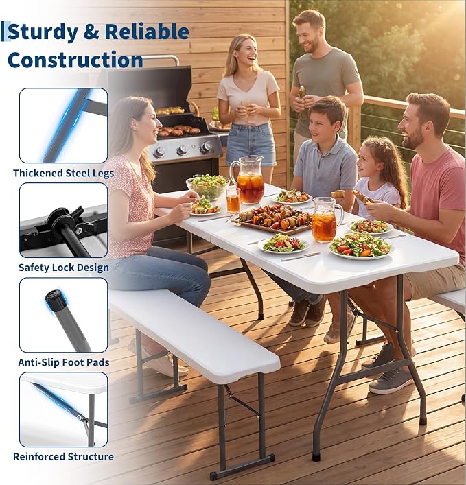 Garvee 6FT Portable Folding Table, HDPE Plastic Foldable Table with Carry Handle for Camping, Parties, Picnic & Events Indoor Outdoor，White