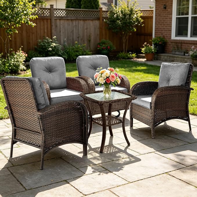 SHGJ&SOFT All Weather Patio Furniture Set, High Back Swivel Rocker Glider Chairs，Ottomans & Glass Tables, Outdoor Conversation Set for Deck Porch Yard Poolside (Grey, 5PCS-Swivel Chairs&Chairs&Table)