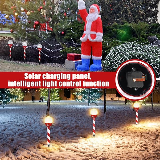 Tujoe 6 Pcs Christmas Solar Pathway Lights Outdoor Stainless Steel Solar Candy Cane Path Torch Lights for Yard Patio Garden Outside Walkway Driveway Landscape Stakes Xmas Outdoor Decorations
