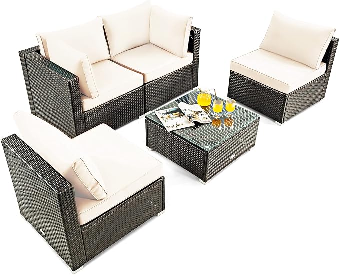 HAPPYGRILL 5 Pieces Patio Furniture Set Outdoor Rattan Wicker Sofa Set with Coffee Table Sectional Sofa Conversation Set with Pillows Cushions for Backyard Porch Garden Poolside