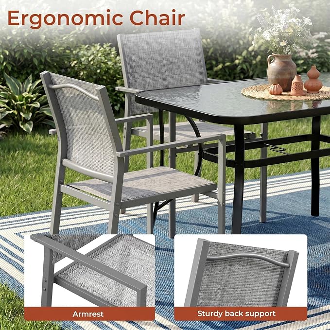 TLSUNNY 7 Piece Patio Dining Set for 6, Outdoor Table and Chairs W/1.69" Umbrella Hole & Metal Frame, 30"X 55" Rectangular Glass Table and Patio Textilene Stackable Chair W/Armrests, for Lawn Deck