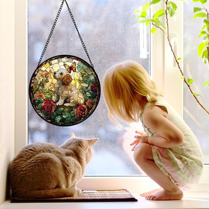 DASTOLL Stained Glass Window Hanging, Cute Dog and Flowers Suncatcher for Doors Home Butterfly Sun Catchers Decoration and Christmas, Mother's Day Birthday Gifts for Women, Men, and Mom 11.8x11.8 in
