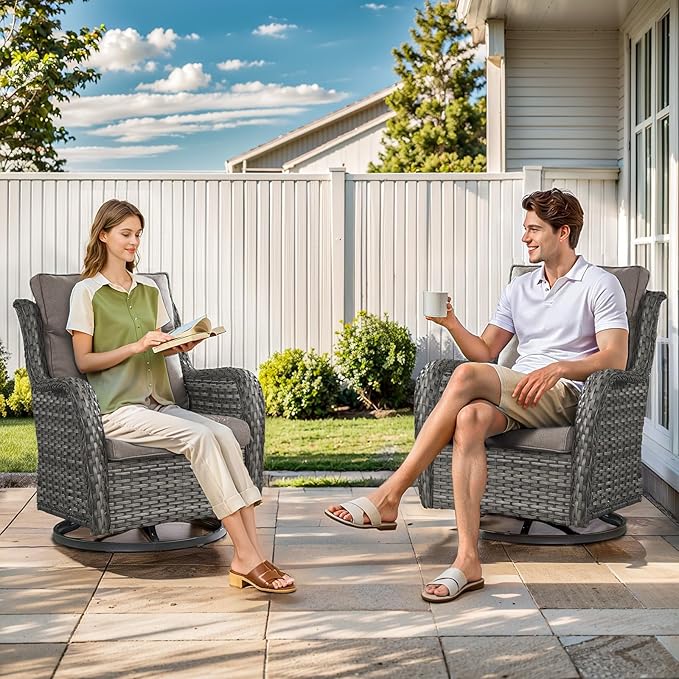 Outdoor Swivel Rocker Patio Chairs Set of 4 with Side Table - 5" Thick Cushion 6 Piece Furniture Set All Weather Comfortable Wicker Conversation Set for Porch Poolside and Deck - Gray/Gray