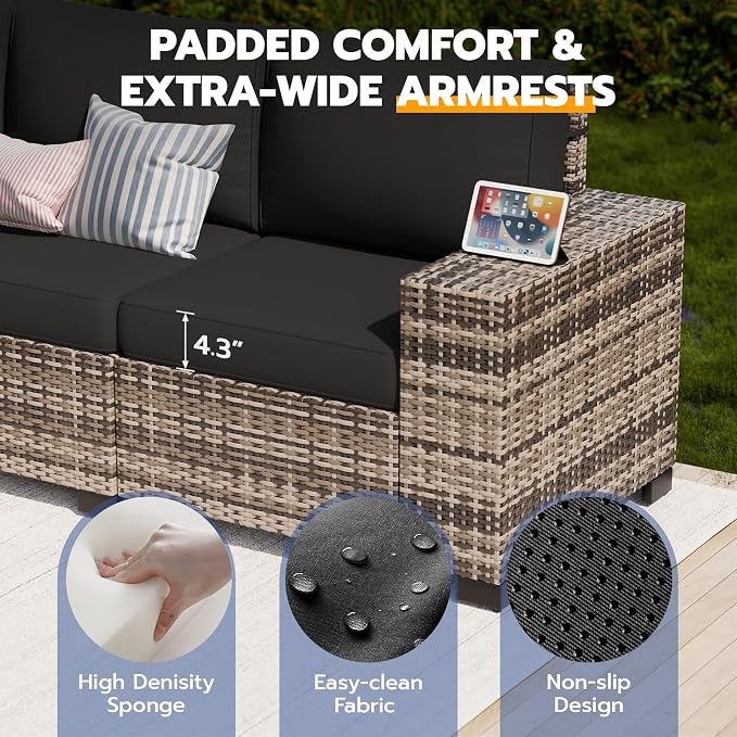 Patio Furniture Set, Wide Armrest Outdoor Furniture Set with Thick Cushions, 6 Piece Wicker Rattan Patio Sectional Sofa for Backyard, Poolside, Garden
