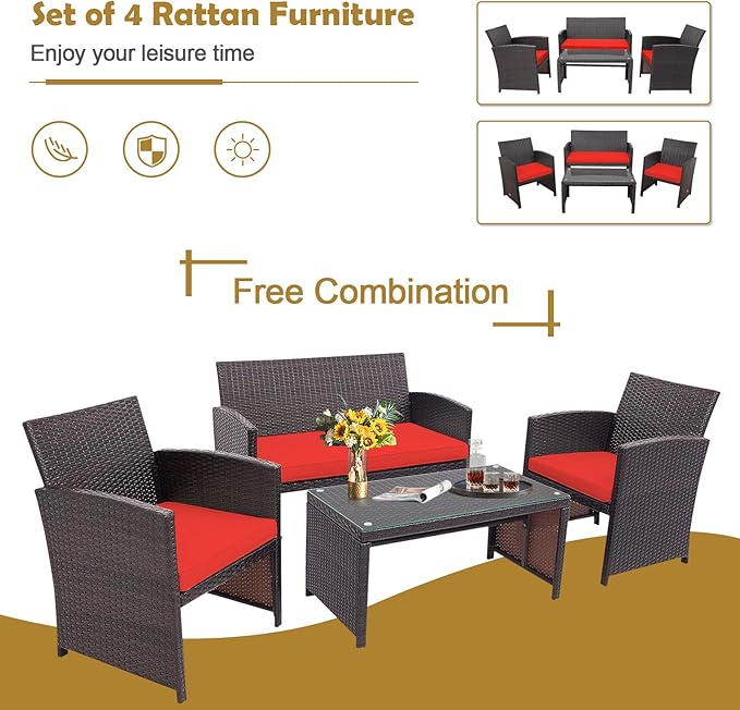 HAPPYGRILL Set of 4 Rattan Conversation Set Outdoor Wicker Furniture Set with Tempered Glass Coffee Table, Soft Cushions, Weather-Resistant Rattan Chair Set for Garden Backyard Poolside