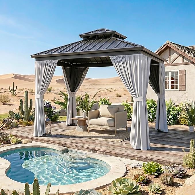 8x8FT Hardtop Gazebo, Metal Frame with Double Galvanized Steel Roof, Permanent Outdoor Pergola with Curtains and Netting Included for Backyard, Patio, Lawn and Garden, Gray
