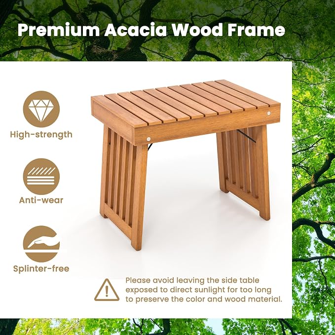 HAPPYGRILL Outdoor Folding Side Table Set of 2, Foldable Patio Acacia Wood End Table with Slatted Tabletop & Leg Frame, Small Outside Table for Backyard Poolside Porch (Teak Finish)