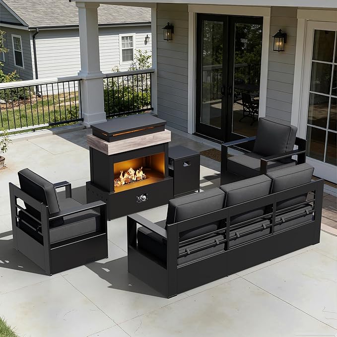 Outdoor Aluminum Furniture Set, 4-Piece Patio Conversation Set, 2 Chairs, 1 Sofa and 1 Fireplace, All-Weather Metal Frame, 6" Thick Removable Cushions, Deep Setting for Garden, Poolside and Porch