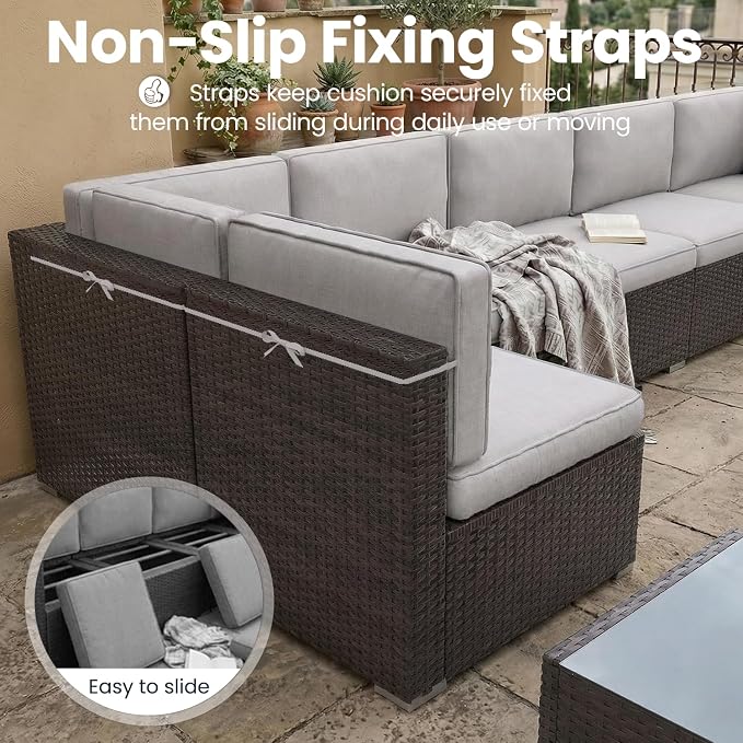 8 Pieces Patio Furniture Set with 44" Propane Gas Fire Pit Table, Outdoor Sectional Brown Rattan Wicker Conversation Sofa Sets with Coffee Table