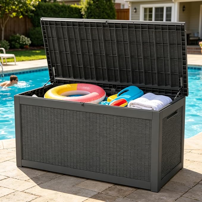 LAUSAINT HOME 280 Gallon Colossal Resin Deck Box with Hydraulic Pistons - Grand Estate Size Waterproof Outdoor Storage Bench, Lockable Patio Furniture Locker for Pool and Backyard (Black)