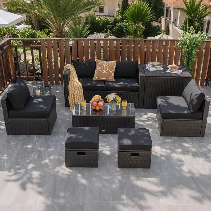 COSTWAY 8-Piece Outdoor Patio Furniture Set, Rattan Sectional Sofa, Armless Chairs, Side Table with Storage Ottoman & Glass Coffee Table, Space-Saving Conversation Set for Garden Deck (Black)