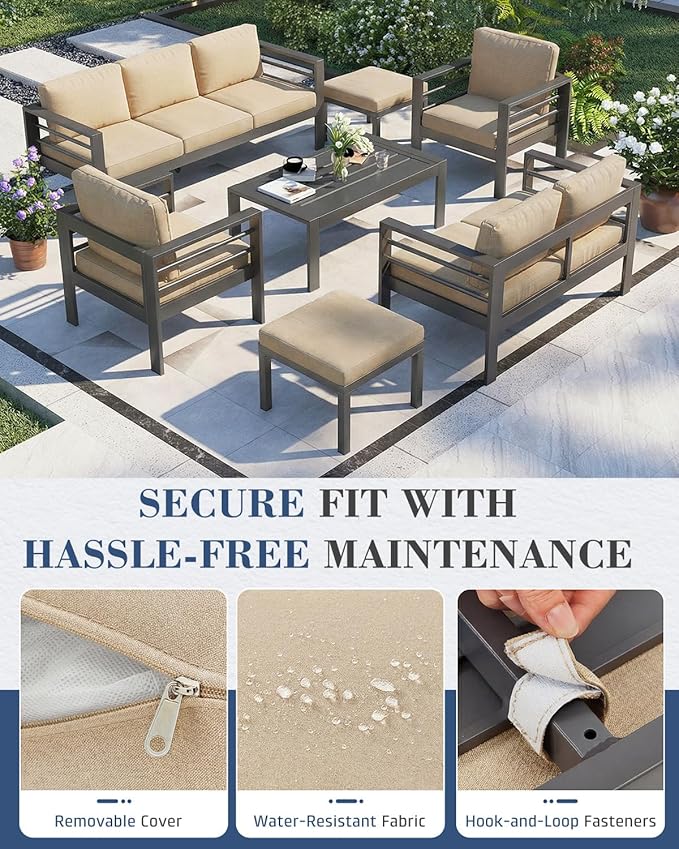AECOJOY Aluminum Patio Furniture Set, 9 Seats Modern Outdoor Furniture with Coffee Table, 7 Pieces Metal Conversation Sectional Sofa, Beige