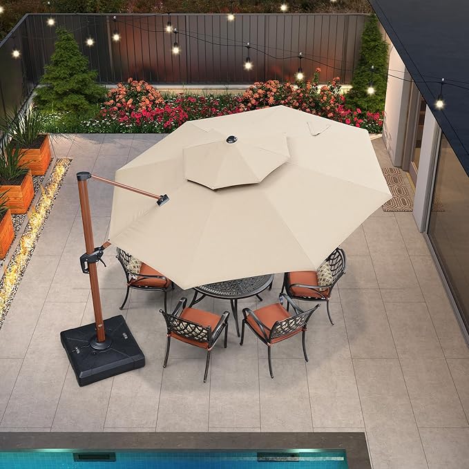 PURPLE LEAF 11 Feet Double Top Deluxe Wood Pattern Round Patio Umbrella Offset Hanging Umbrellas Cantilever Umbrella Outdoor Market Umbrellas Garden Umbrella, Heather Beige