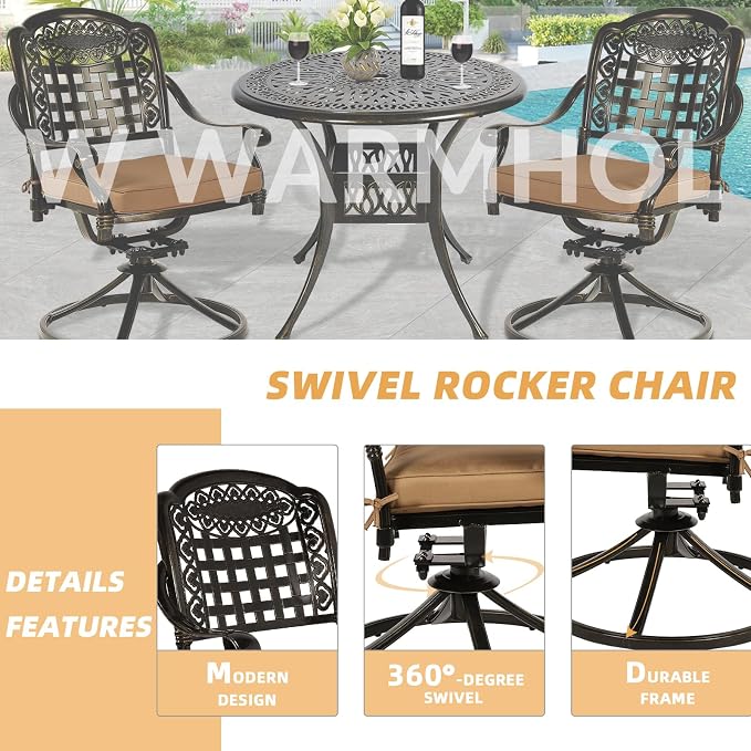 3-Piece Outdoor Patio Dining Set, All-Weather Cast Aluminum Patio Furniture Set for Backyard Garden Deck with 2 Swivel Cushioned Chairs and 35.4” Round Table, 2" Umbrella Hole, Khaki