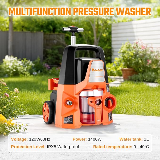 This Hill 4-in-1 Pressure Washer and Wet/Dry Vacuum, 2800 PSI Max 1.7 GPM Electric Power Washer, 1400W Multi-Function Cleaner with Blower and Foam Cannon for Cars, Patio, Garage and Home Cleaning