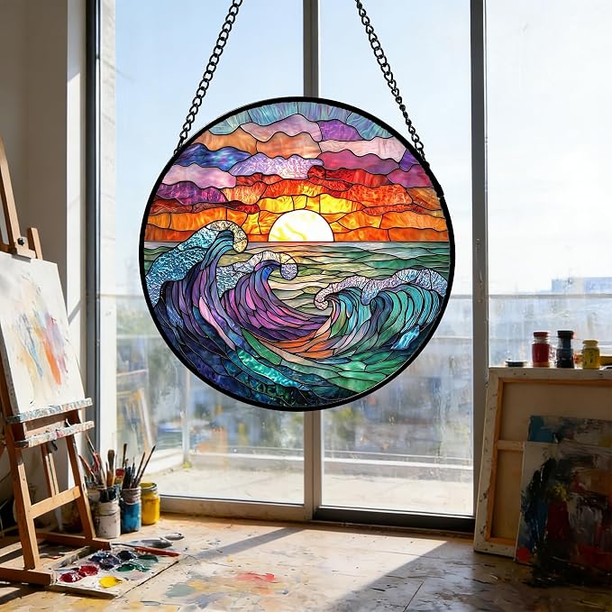 DASTOLL Stained Glass Window Hanging, Clouds and Sea Waves Suncatcher Diamond Glass Panel Hangings Scenery Sun Catchers Decor for Birthday for Women, Men, Wife, Aunt, and Mom 11.8 in
