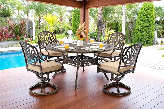 Outdoor Dining Set Cast Aluminum Retro Patio Dining Set with Thicker Cushion and Umbrella Hole for Patio Deck (Bronze Swivel Chair(Elizabeth), 5 Pcs(54" Round Table))