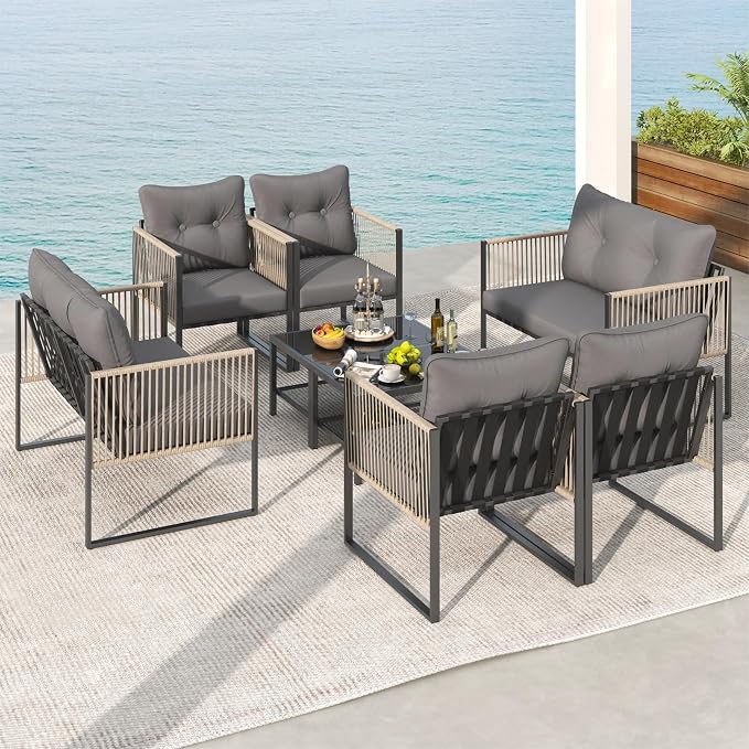 Tangkula 8 Pieces Patio Furniture Set, Outdoor PE Rattan Conversation Sofa Set with Thick Cushions and 2-Tier Tempered Glass Coffee Table for Garden, Porch, Balcony and Backyard