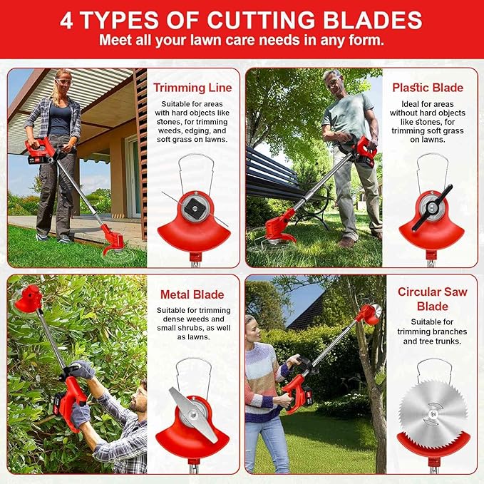 3-in-1 Cordless Grass String Trimmer, Brush Cutter & Edger Lawn Tool with 2X 24V 4.0Ah Li-ion Batteries, Telescopic Shaft and 17 Replacement Blades for Lawn Care, Garden & Yard Trimming (Red)