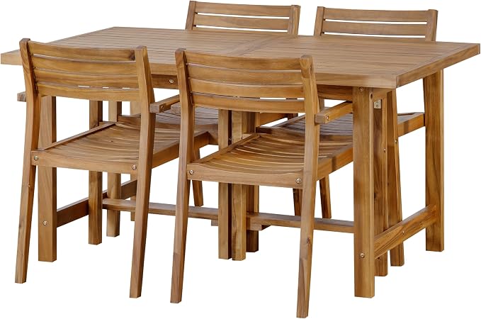 5 Piece Outdoor Dining Set for 4, 59.06" Rectangular Table with Umbrella Hole and 4 Comfortable Chairs, Acacia Wood Dining Set for Patio, Lawn, Garden, Poolside & Indoor Use, Natural