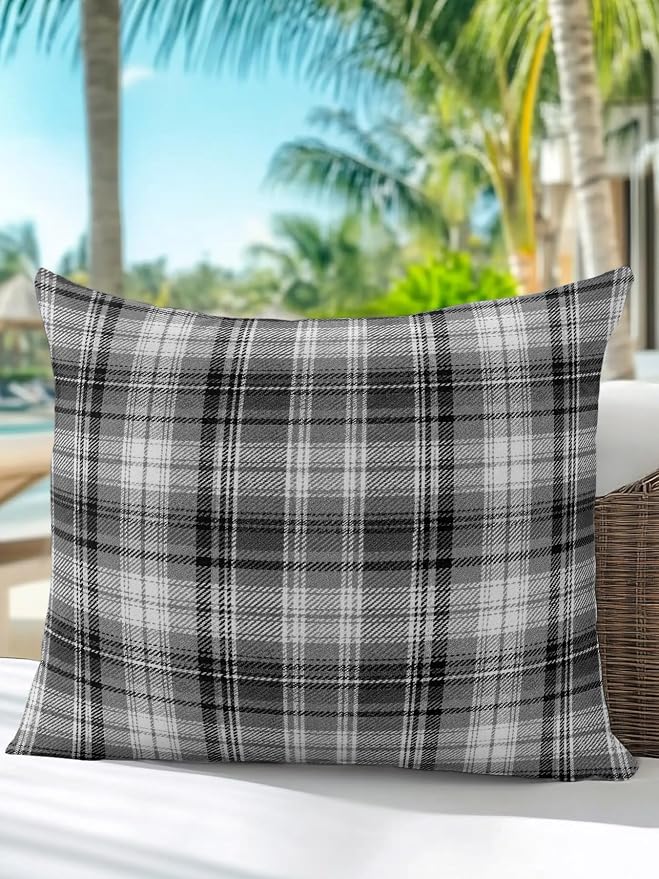 Waterproof Outdoor Pillow 1 Pack Gray Checked Plaid Decorative Throw Pillows Cover & Insert 18x18 Inch Pillowcase Stripes Woven Grid Square Pillows for Couch Sofa Bed Patio Furniture Indoor Outdoor