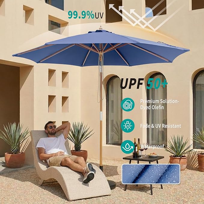 9FT/10FT Bamboo Patio Umbrella, Large Outdoor Umbrella with UPF 50+ Sun Protection, Rope Pulley Lift & Push-Button Tilt, 8-Rib Ventilated Canopy for Garden, Deck, Backyard & Outdoor Dining