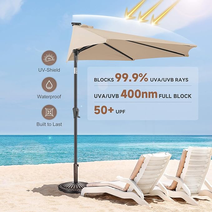FLAME&SHADE 9 FT Solar Half Patio Umbrella with 25 LED Lights, Half Outdoor Umbrella with Button Tilt, Half Round Table Umbrella For Deck, Backyard, Balconies, Decks, Rvs, UV Protection (Beige)