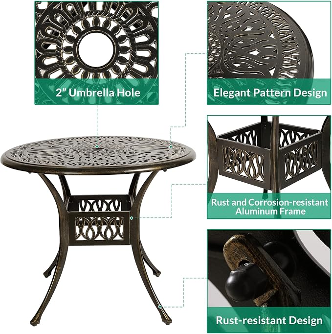 VIVIJASON 5-Piece Outdoor Patio Dining Set, All-Weather Cast Aluminum Conversation Set, Patio Furniture Set, Include 4 Swivel Dining Chairs, a 35.4" Round Table w/Umbrella Hole, Ocean Blue Cushion